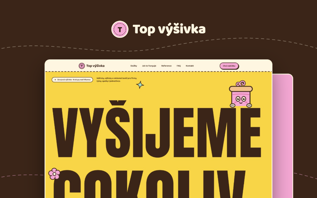 Top výšivka homepage scrolling: custom embroidery and patches website designed by Webship